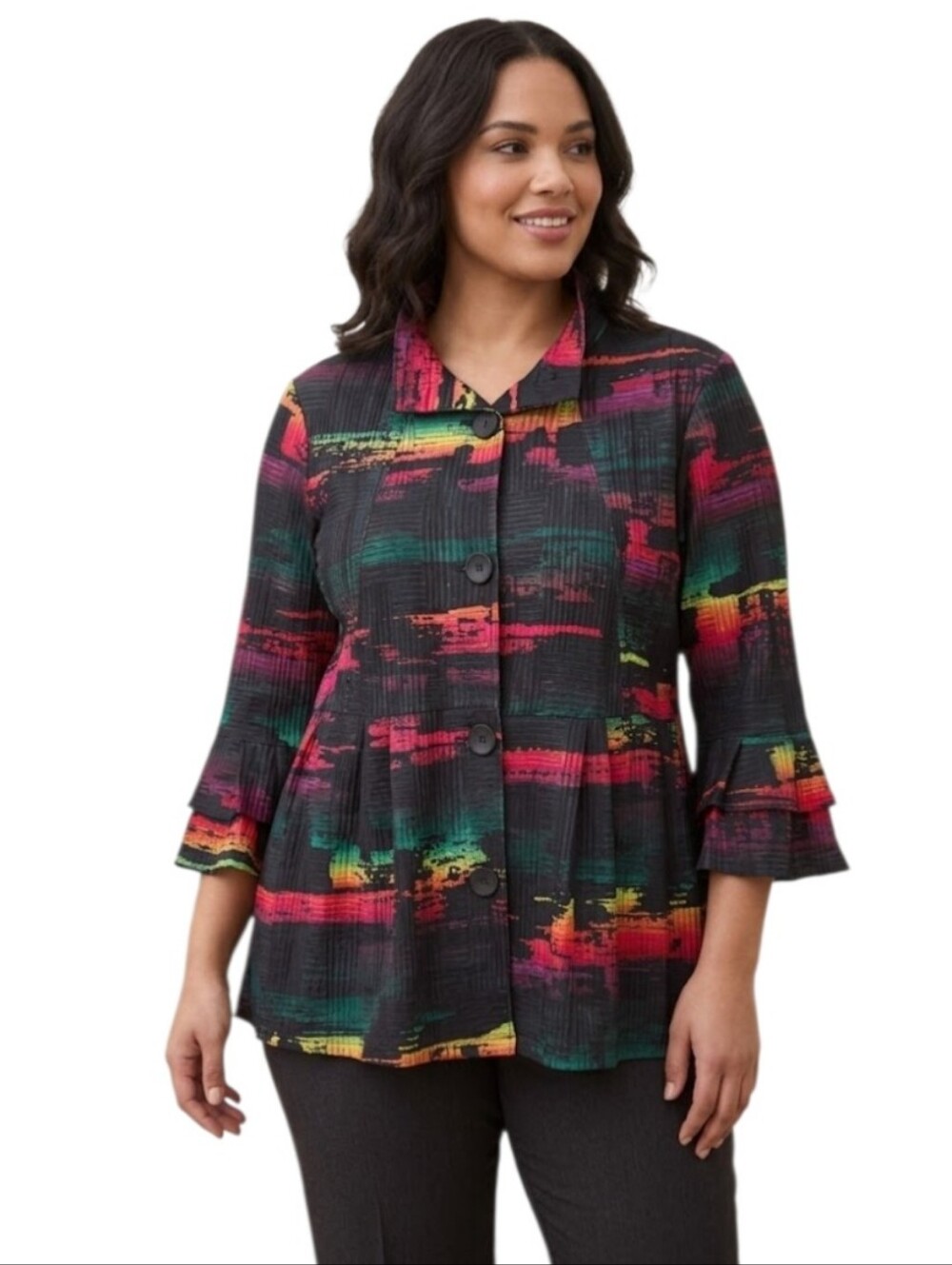 Ali Miles Black Multi-Color Textured Button Blouse‎ Size Large